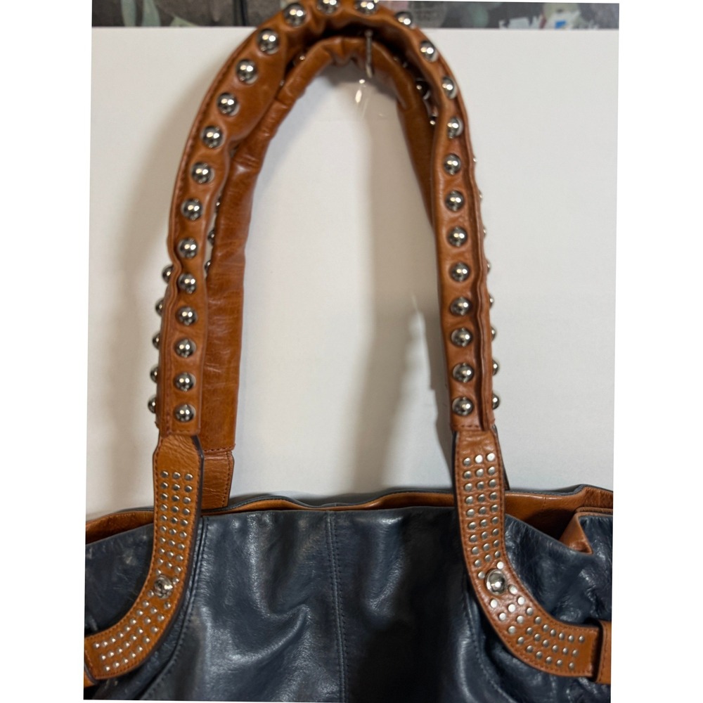 Boho Indie Grunge Navy Blue Leather Studded Hobo Shoulder Bag Large Oversized - Picture 3 of 16
